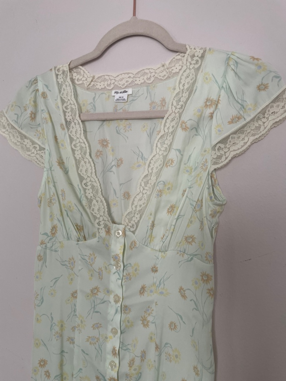 Anthropologie Pale Mint Floral Lace-Trim Maxi Dress
